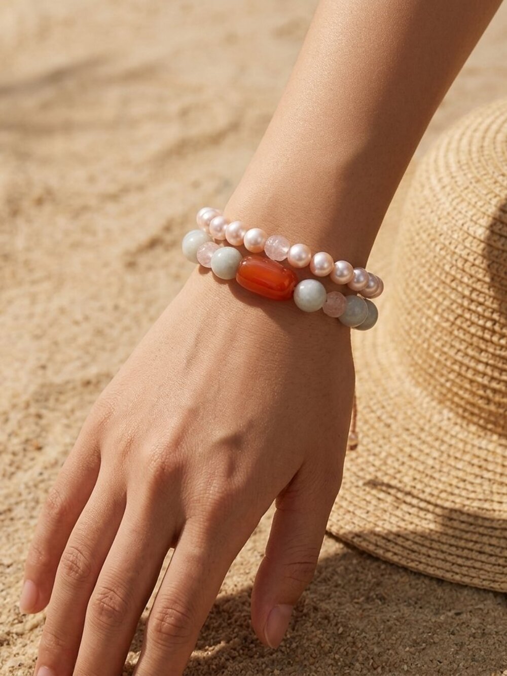 Jade Bracelet Set of 2, Genuine Jade w/Red Agate & Blush Pearls, Quiet Luxury